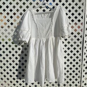 White Damo Puff Sleeve Tie Back Mini Dress Coquette Cottagecore